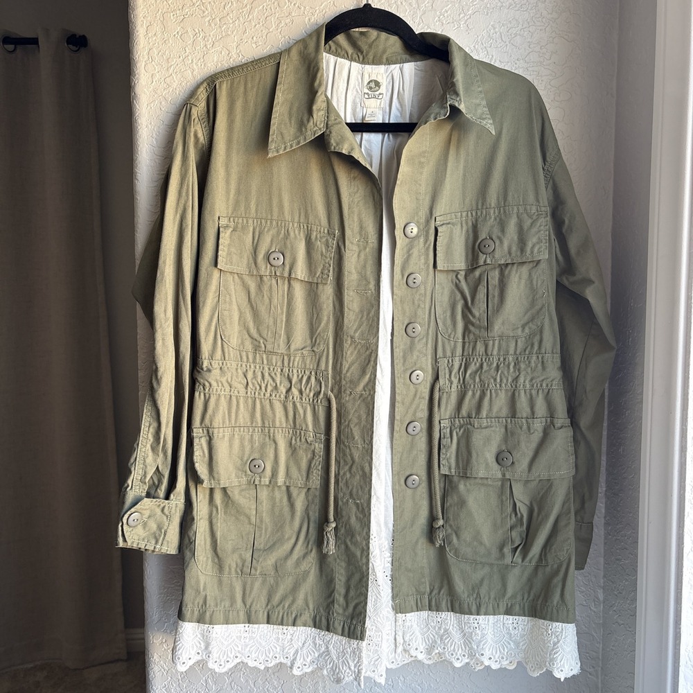 TINY‎ Anthropologie Womens S Utility Jacket Green Eyelet Lace Military Cargo